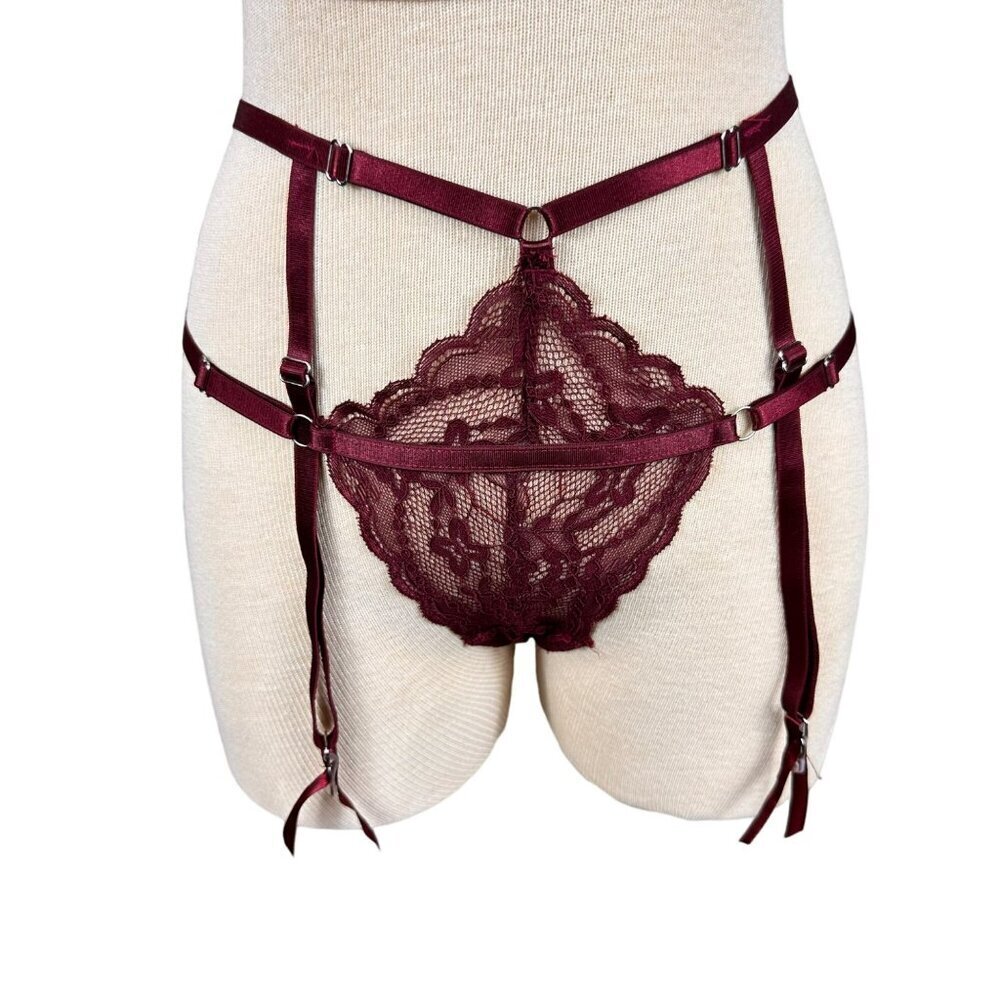 Oh La La Cherri Sexy Burgundy Lace Bralette,Panty & Garter Belt 3 Piece Lingerie - Picture 4 of 13